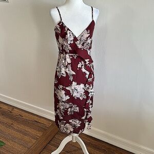 NEW LuLu’s Floral Burgundy Feminine Flutter Neck Garden Tea Midi Dress - Size XS